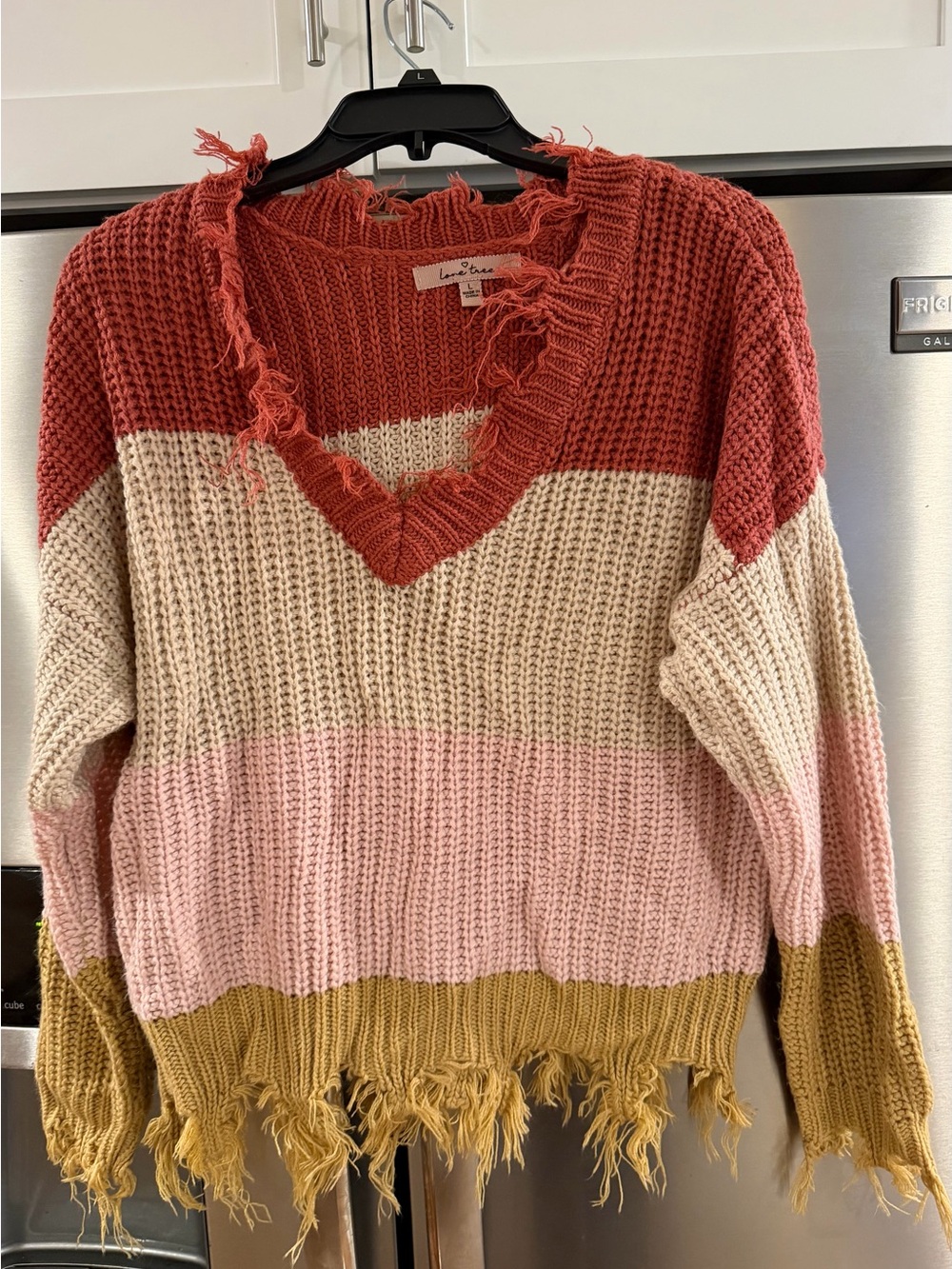 Love Tree Distressed V-Neck Stripe Sweater - Rust, Cream, Pink, Mustard